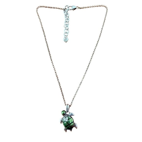 RARE Brighton Turtle Pendant Necklace Green Crystals Silver Plated Chain Adjust. - Picture 3 of 11